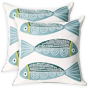 UnionKK 2 PCS Embroidered Throw Pillow Cover Cotton Decorative Square Cushion Cases for Home Sofa Bed and Chair 18 x 18 Inch Blue Fish2
