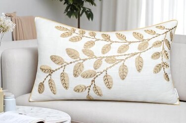 Rudransha Hand Embroidered Cotton Lumbar Pillow Cover 12x20 Ivory Decorative Accent Hazel Leaves