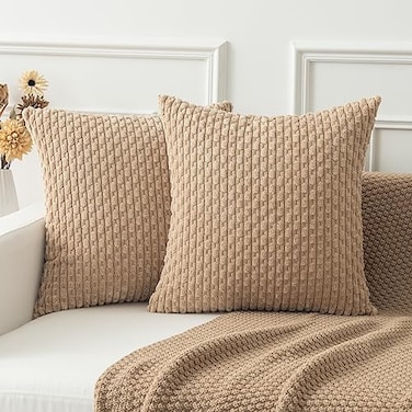 K KEVIN TEXTILE Kevin Textile Throw Pillow Covers Soft Corduroy Decorative Set of 2 Boho Striped Pillow Covers Pillowcases Farmhouse Home Decor for Couch Bed Sofa Living Room 18x18 Inch Tan