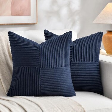 Fancy Homi 2 Packs Navy Blue Decorative Throw Pillow Covers 20x20 Inch for Living Room Couch Bed Sofa Rustic Farmhouse Boho Home Decor Soft Corss Corduroy Patchwork Accent Cushion Case 50x50 cm
