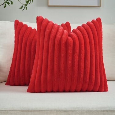 FUTEI Pack of 2 Fluffy Faux Fur Throw Pillow Covers 18x18 Inch Elegant Striped Textured Decorative Cushion Cases Modern Accent Pillow for Couch Bed Living Room Red