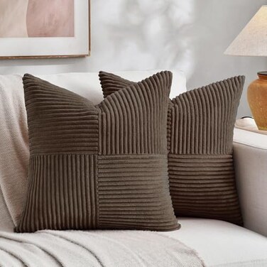 Fancy Homi 2 Packs Dark Brown Decorative Throw Pillow Covers 20x20 Inch for Living Room Couch Bed Sofa Rustic Farmhouse Boho Home Decor Soft Corss Corduroy Patchwork Accent Cushion Case 50x50 cm