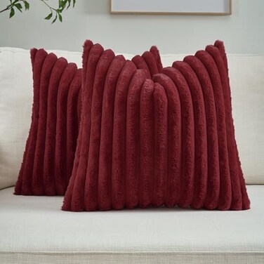 FUTEI Pack of 2 Fluffy Faux Fur Throw Pillow Covers 18x18 Inch Elegant Striped Textured Decorative Cushion Cases Modern Accent Pillow for Couch Bed Living Room Burgundy