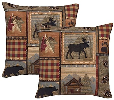 DATANSEN Set of 2 Square 18x18 inch Retro Brown Throw Pillow Covers Rustic Lodge Bear Moose Decorative Throw Pillowcase for Home Sofa Thick Cotton Linen Cushion Cases 45x45 cm Paw Prints Cabin
