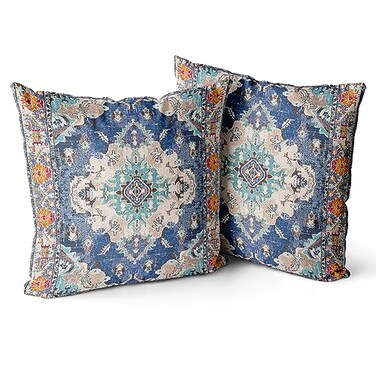 Snycler Boho Throw Pillow Covers 18x18 inch Set of 2 Boho Rug Carpet Double Sided Pattern Cotton Soft Pillow Case Cushion Cover Pillowcase for Couch Sofa Bed Decorative Blue