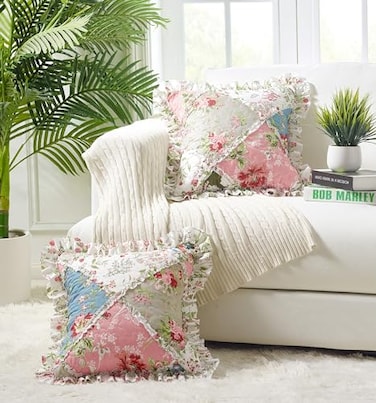 Brilliant Sunshine Peach and Olive Flowers Patchwork Ruffle Pillowshams Quilted Decorative Pillow Covers Set Square Throw Cushion Cases for Couch Chair Car Bed 18x18 Pack of 2 Peach Olive