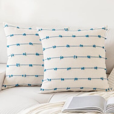 YEENAASY Boho Throw Pillow Covers 18x18 Set of 2 Modern Farmhouse Decorative Cushion Case Tufted Linen Square Pillows Cover Neutral Pillow Cases Accent Pillowcase for SofaCouchBedBeige and Blue