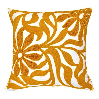 Alysheer Farmhouse Floral Leaves Embroidered Decorative Throw Pillow Cover 18x18 inches Boho Tufted Flowers Embroidery Pattern Chic Cotton Cushion Case for Couch Bed Sofa Living RoomMustard Yellow
