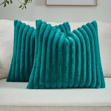 FUTEI Pack of 2 Fluffy Faux Fur Throw Pillow Covers 18x18 Inch Elegant Striped Textured Decorative Cushion Cases Modern Accent Pillow for Couch Bed Living Room Teal