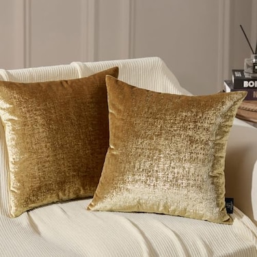 Phantoscope Pack of 2 Sparkling Velvet Decorative Solid Throw Decorative Pillow Cover Soft Gold Glitter Square Cushion Cover Pillowcase for Couch Bed and Chair Gold 18 x 18 inches 45 x 45 cm