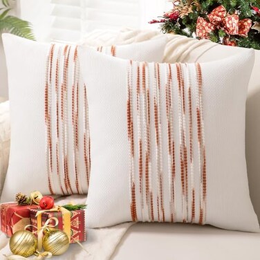WANLIRD Boho Throw Pillow Covers 18x18 Set of 2 Christmas Decorative Cushion Case Striped Square Pillows Cover Chenille Pillow Cases Accent Neutral Pillowcase for Sofa Couch BedWhite Winered
