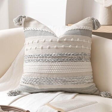 BlissBlush Gray Boho Decorative Throw Pillow Cover 20x20 Square Farmhouse Accent Cushion for Couch Sofa Livingroom Bedroom Pillowcase Modern Home Dcor Pack of 1