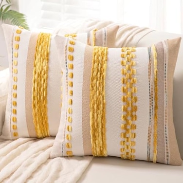 WANLIRD Boho Throw Pillow Covers 18x18 Set of 2 Farmhouse Decorative Cushion Case Striped Square Pillows Cover Chenille Pillow Cases Accent Neutral Pillowcase for Sofa Couch BedYellow
