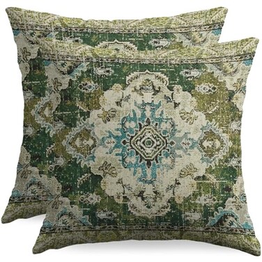 sorfbliss Sage Green Blue Boho Pillow Covers 18x18 Set of 2 Carpet Bohemian Floral Pattern Decorative Throw Pillow Cases Outdoor Farmhouse Decoration for Sofa Couch Bed