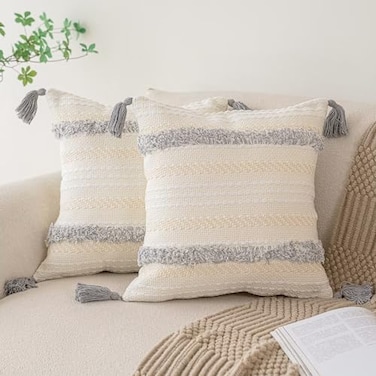 BUIOVBEY Boho Throw Pillow Covers 18x18 Set of 2 Woven Tufted Farmhouse Pillows Cover with Tassels Textured Striped Cushion Case Neutral Pillow Cases Decorative Pillowcase for Sofa Couch Bed Light Gre