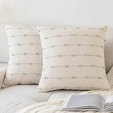 YEENAASY Boho Throw Pillow Covers 18x18 Set of 2 Modern Farmhouse Decorative Cushion Case Tufed Square Pillows Cover Neutral Pillow Cases Accent Pillowcase for SofaCouchBedBeige and Green