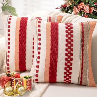 WANLIRD Boho Throw Pillow Covers 18x18 Set of 2 Christmas Decorative Cushion Case Striped Square Pillows Cover Chenille Pillow Cases Accent Neutral Pillowcase for Sofa Couch BedRed