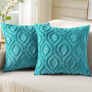 decorUhome Summer Throw Pillow Covers 18x18 Inch Set of 2 Soft Plush Faux Wool Turquoise Solid Couch Pillow Covers Accent Farmhouse Neutral Square Pillow Cases for Sofa Bed Living Room