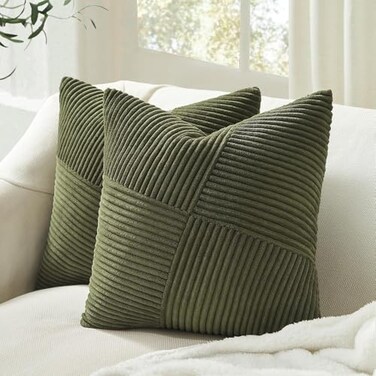 Topfinel Set of 2 Olive Green Decorative Throw Pillow Covers 16x16 Inches for Couch Bed Sofa Boho Aesthetic Home Decor Soft Corduroy Striped Patchwork Windmill Textured Cushion Cases 40x40 cm