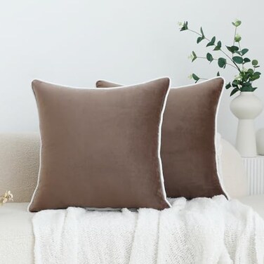 LIGICKY Set of 2 Light Brown Throw Pillow Covers Modern Minimalist Style Solid Decorative White Rope Edging Soft Square Cushion Cases for Sofa Bedroom Party Dcor 18 x 18 inch