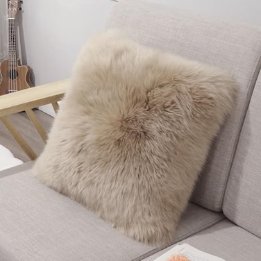 LLB Genuine Sheepskin Throw Pillow Covers Fluffy Decorative Square Couch Pillow Covers 18x18 Pillowcase for Sofa Bedroom Living Room No Pillow Insert Long Wool Cream Brown 18x18 Inch Pack of 1