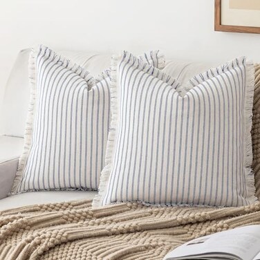 YEENAASY Throw Pillow Covers 18x18 Set of 2 Striped Fringe Pillow Cover Farmhouse Cushion Covers with Tassel Neutral Boho Pillows Decorative Square Pillowcase for Couch Sofa Bed Blue