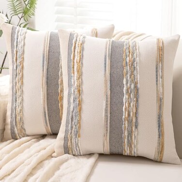 WANLIRD Boho Throw Pillow Covers 18x18 Set of 2 Farmhouse Decorative Cushion Case Striped Square Pillows Cover Chenille Pillow Cases Accent Neutral Pillowcase for Sofa Couch BedOrangeGray