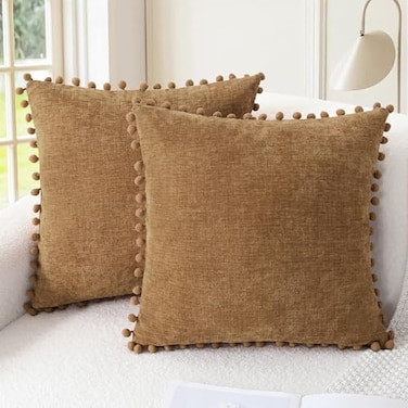 CaliTime Throw Pillow Covers Decorative 18 X 18 Inches Pack of 2 Cozy Solid Dyed Soft Chenille Cushion Cases with Pom Poms for Couch Sofa Bed Living Room Home Apricot Brown