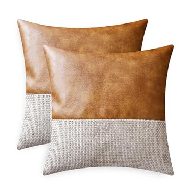 CaliTime Throw Pillow Covers Pack of 2 Soft Faux Leather Solid Dyed Cross Chenille Cushion Cases for Couch Sofa Home Decoration 18 X 18 Inches Taupe