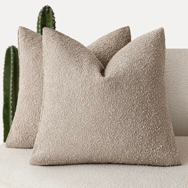 Foindtower Pack of 2 Textured Boucle Throw Pillow Covers Neutral Accent Solid Decorative Pillow Cases Cozy Woven Couch Cushion Case for Sofa Bedroom Living Room Home Decor 20x20 Inch Light Khaki Tan