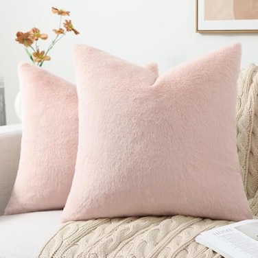 Pallene Faux Fur Plush Throw Pillow Covers 18x18 Set of 2 Luxury Soft Fluffy Cozy Decorative Pillow Covers for Sofa Couch Living Room Blush Pink