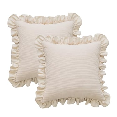 GLORY SEASON Waffle Weave Textured Throw Pillow Covers Set of 2 with Washed Cotton Retro Ruffle Flounces Trim Solid Decorative Pillow Cases for Home Livingroom and Bedroom Decor 18x18 Inch Beige