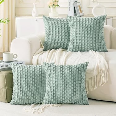 Cozoomy Set of 4 Aqua Decorative Throw Pillow Covers 18x18 Inch Corduroy Pillow Covers for Bed Couch Sofa Living Room Soft Square Cushion Cases