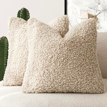 Foindtower 2 Pieces 24x24 Inch Light Khaki 100 Polyester Throw Pillow Cover Accent Sherpa Pillow Fuzzy Soft Pillowcases Sheepskin Decorative Fleece Cushion Case for Bed Couch Living Room
