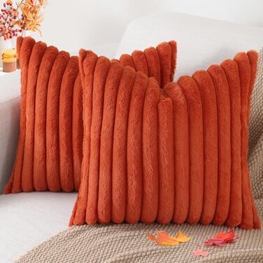 Pallene Faux Fur Plush Fall Throw Pillow Covers 18x18 Set of 2 Luxury Soft Fluffy Striped Decorative Pillow Covers for Sofa Couch Living Room Rust