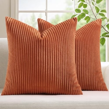 Mecatny Corduroy Fall Decorative Throw Pillow Covers 18x18 Set of 2 for Sofa Living Room Soft Burnt Orange Neutral Boho Couch Pillow Covers for Home Decor Rust