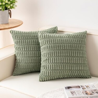 Aegero Pack of 2 Corduroy Decorative Throw Pillow Covers 18x18 InchSoft Boho Striped Pillow Covers Modern Farmhouse Home Decor for Sofa Living Room Couch BedSage Green