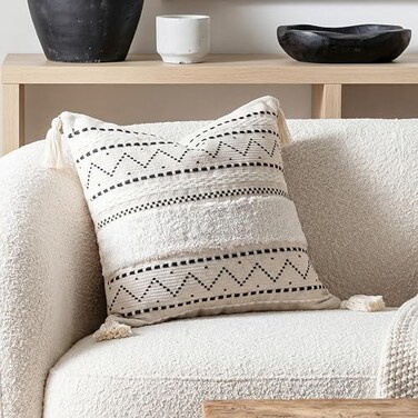 BlissBlush 18X18 Throw Pillow Cover Cream Neutral Square Decorative Cushion Cover with Black Pattern Boho Accent Pillowcase with Tufted Details and Tassels for Couch Sofa Living Room Cover Only