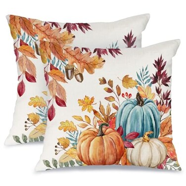 AACORS Fall Pillow Covers 18x18 Set of 2Pumpkins Maple Leaves Decorations Floral Farmhouse Autumn Throw Pillow Case Decor for Home Sofa Couch AA558182