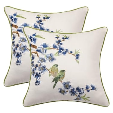 Holibeat Embroidered Flower Birds Throw Pillow Covers 18 18 inches Spring Decorative Peach Blossom Pillowcases Pack of 2 whiteblue