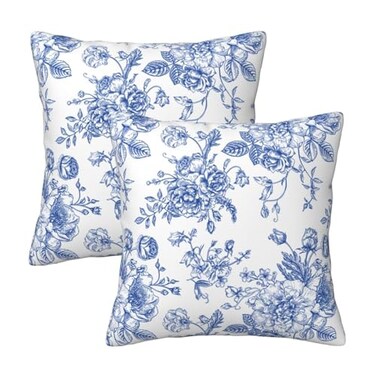 Tebjh Chinoiserie Blue and White Pillow Covers 18x18 Set of 2 Flower Floral Throw Pillow Covers Outdoor Decorative Pillow Case for Couch Bed Sofa Cushion Home Decor