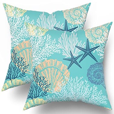 Sweetshow Ocean Coral Pillow Covers 18x18 Inch Nautical Coastal Throw Pillows Set of 2 Beach Seashell Starfish Pillow Case Soft Cotton Square Cushion Covers for Home Couch Sofa Patio Bedroom Green