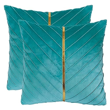 Tosleo Aqua Green Velvet Throw Pillow Covers 16x16 Pack of 2 with Gold Leather Decorative Couch Pillow Cover Luxury Modern Soft Pillowcases Spring Summer Home Decor for Sofa Bed Living Room