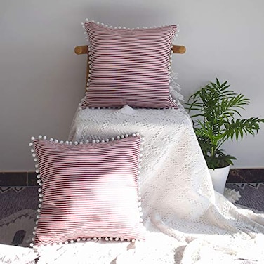 HOPLEE Decorative 16x16 Pillow Covers Red and White Tricking Stripe Throw Pillow Covers Farmhouse Pillow Covers with Poms 16x16 Inches Set of 2