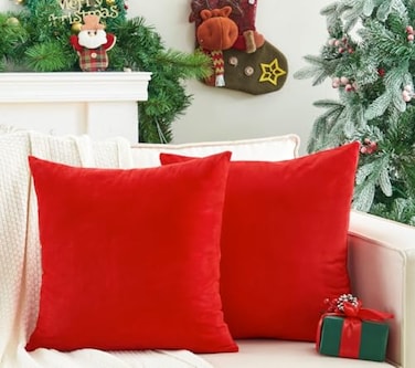 GriNeed Pack of 2 Christmas Red Pillow Covers 18x18 Inch Decorative Throw Pillow Cover Velvet Pillowcases for Couch Sofa Bed Home Boho Decor Modern Soft Cushion Covers