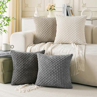 Cozoomy Set of 4 Grey White Taupe Decorative Throw Pillow Covers 18x18 Inch Corduroy Pillow Covers for Bed Couch Sofa Living Room Soft Square Cushion Cases