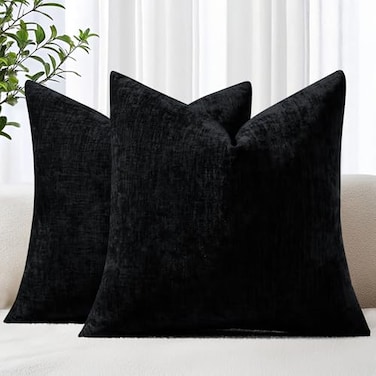 decorUhome Chenille Black Throw Pillow Covers 18x18 Inch Set of 2 Decorative Soft Couch Pillow Covers Solid Dyed Accent Farmhouse Neutral Square Pillow Cases for Sofa