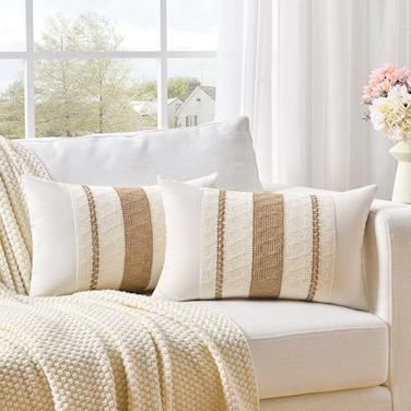 Fancy Homi Set of 2 Boho Neutral Lumbar Decorative Throw Pillow Cover 12x20 Inch for Couch Bed Sofa Chair Modern Organic Farmhouse Home Decor Soft Cotton Cute Accent Tan Rectangle Cushion Case