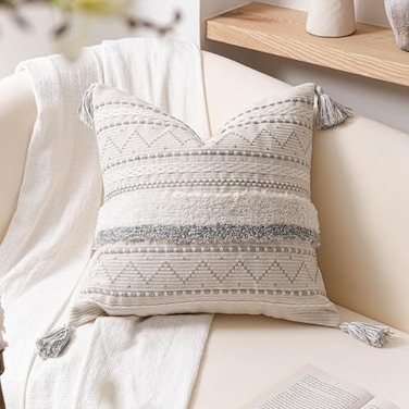 BlissBlush 18X18 Throw Pillow Cover Cream Neutral Square Decorative Cushion Cover with Gray Pattern Boho Accent Pillowcase with Tufted Details and Tassels for Couch Sofa Living Room Cover Only