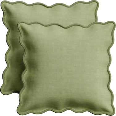 Orelle Scalloped Pillow Covers Set of 2 100 Linen Cotton Decorative Throw Pillow Covers 18x18 Sage Green